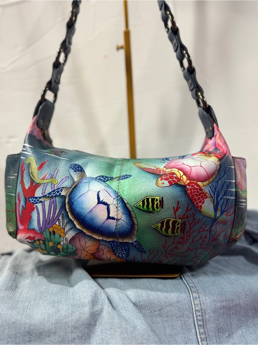 Anuschka Hand-Painted Sea Turtle Shoulder Bag in Teal, Blue, Pink fish sea life